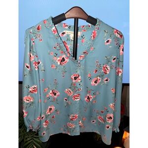 Emaline Petite Floral Ruffle Blouse Blue Pink Cottagecore Lightweight PL Top